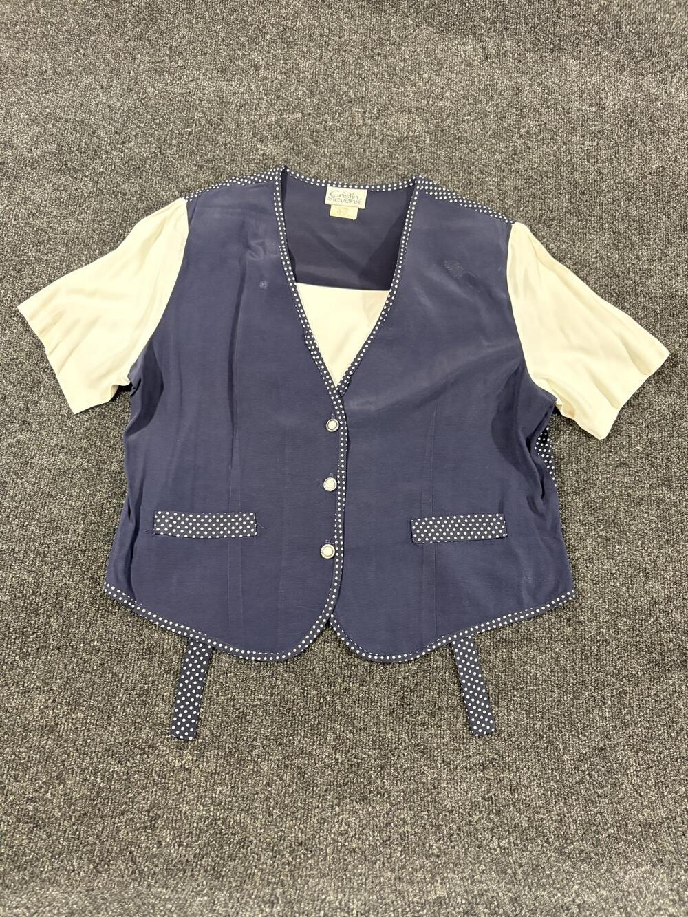 Cristin Stevens Top Womens L Blue Polka Dot Vest Overlay Short Sleeve Blouse